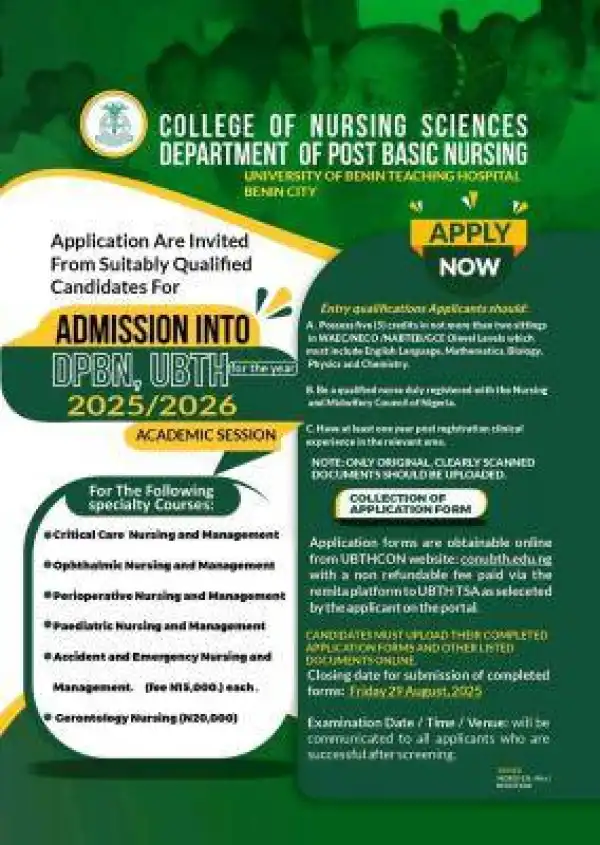 UBTH releases Post Basic Nursing form, 2025/2026