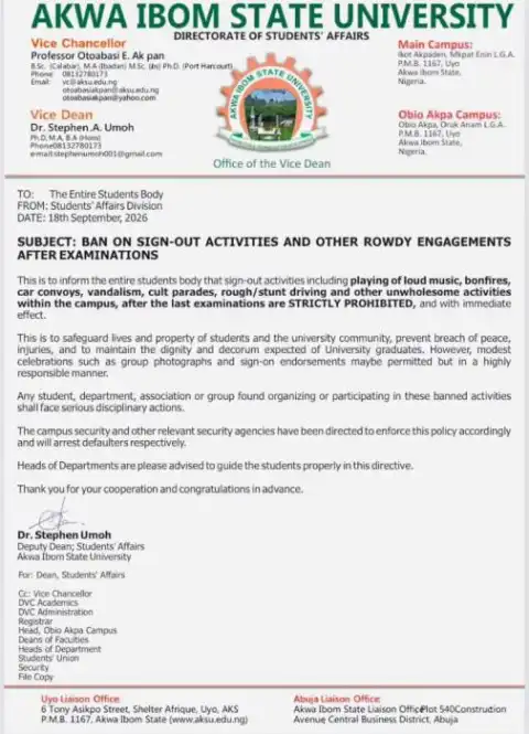 AKSU Bans Sign-Out Activities, Rowdy Celebrations After Examinations