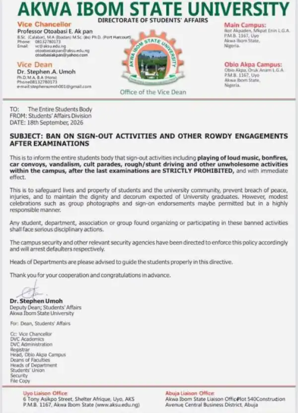 AKSU Bans Sign-Out Activities, Rowdy Celebrations After Examinations