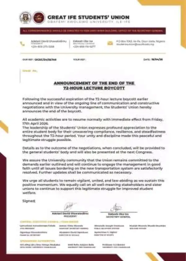 OAU SUG ends 72-hours Lecture boycott, resumes Academic Activities Friday