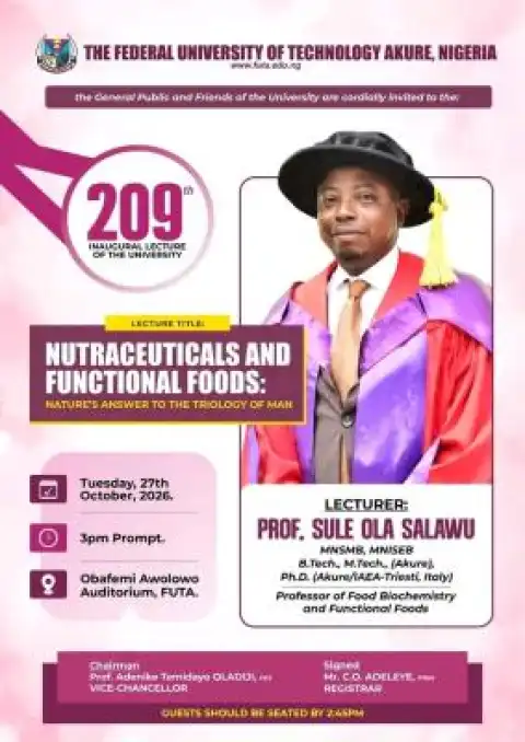 FUTA Announces 209th Inaugural Lecture for October 27