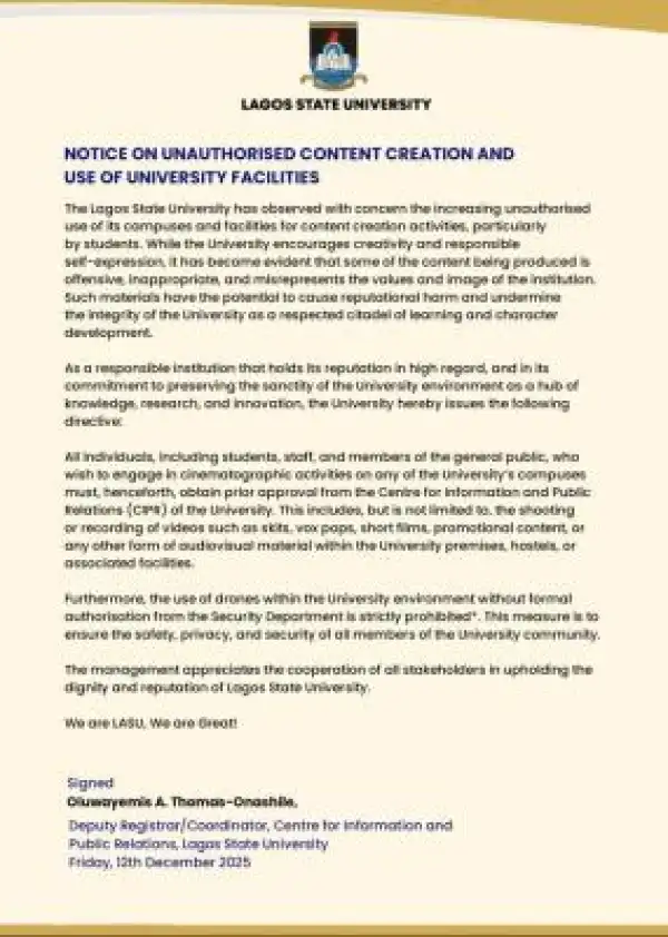 LASU notice on unauthorised use o its facilities for content creation