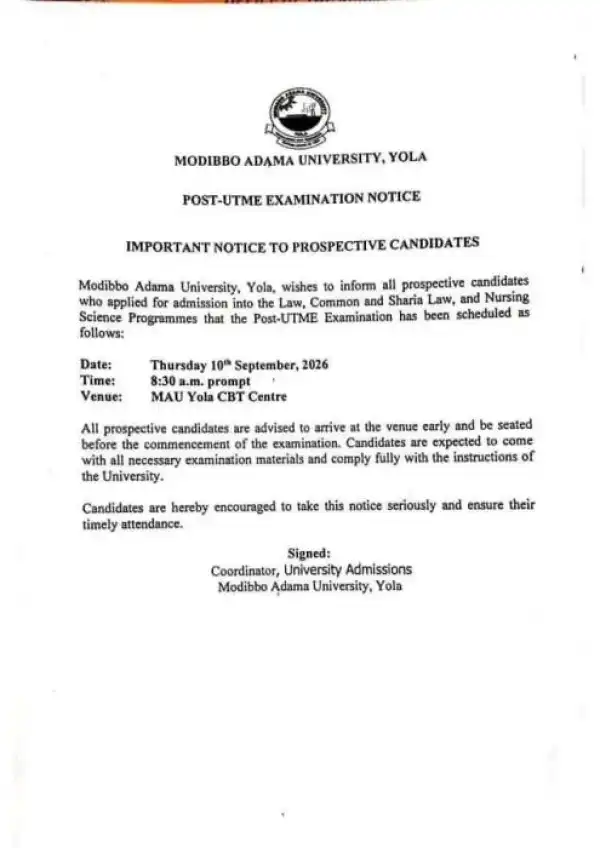 MAU notice on conduct of Post-UTME screening for 2026/2027 Applicants