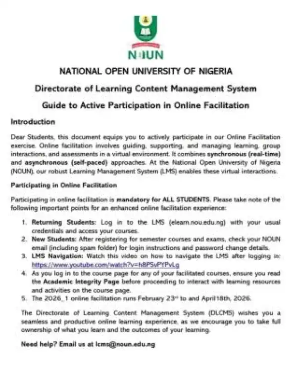 NOUN announces guidelines for 2026_1 online facilitation exercise