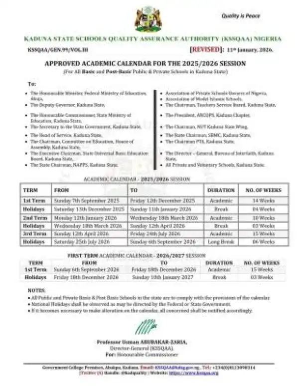 Kaduna State academic calendar for schools within the state, 2025/26 session
