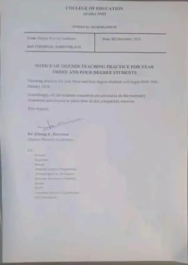 College of Education Afaha-Nsit notice on teaching practice for 2025/2026
