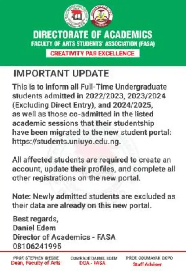 UNIUYO Faculty of Arts important update on new students