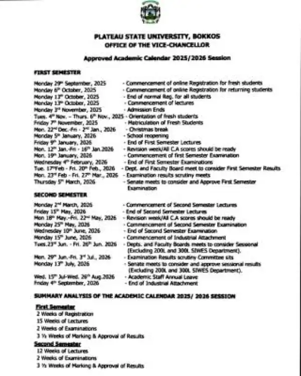 PLASU approved academic calendar, 2025/2026