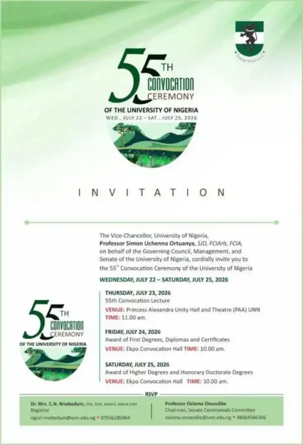 UNN announces 55th Convocation Ceremony