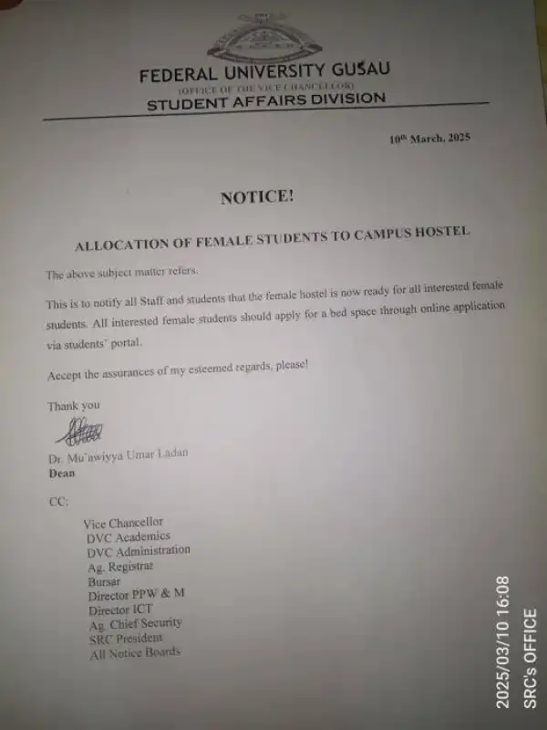 FUGUS announces hostel application for female students