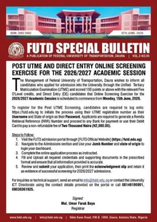 Federal University of Transportation, Daura Post-UTME/DE 2026: Cut-off mark, Eligibility and Registration Details
