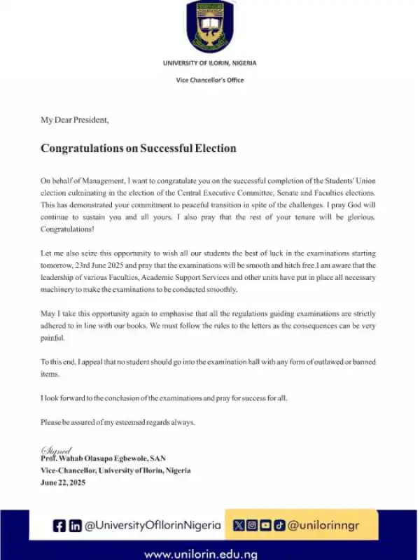 UNILORIN VC congratulates newly elected Students