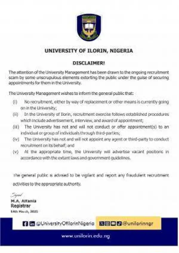 UNILORIN disclaimer notice on recruitment