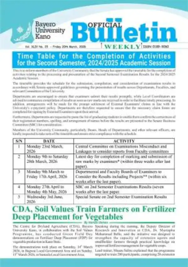 BUK time-table for completion of 2nd semester, 2024/2025 session