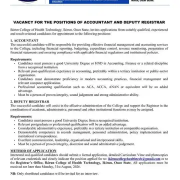 Ikirun College of Health Technology Job vacancies for the position of Deputy Registrar, Accountant