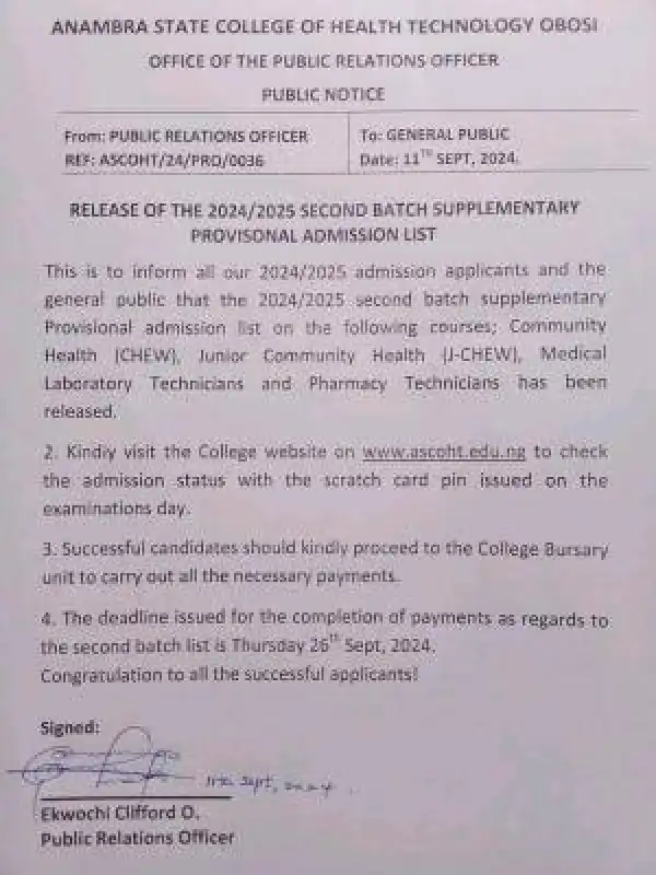 Anambra College of Health Tech OBOSI releases 2nd batch supplementary admission lists, 2024/2025