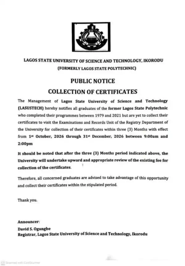 LASUSTECH notice on collection of certificate