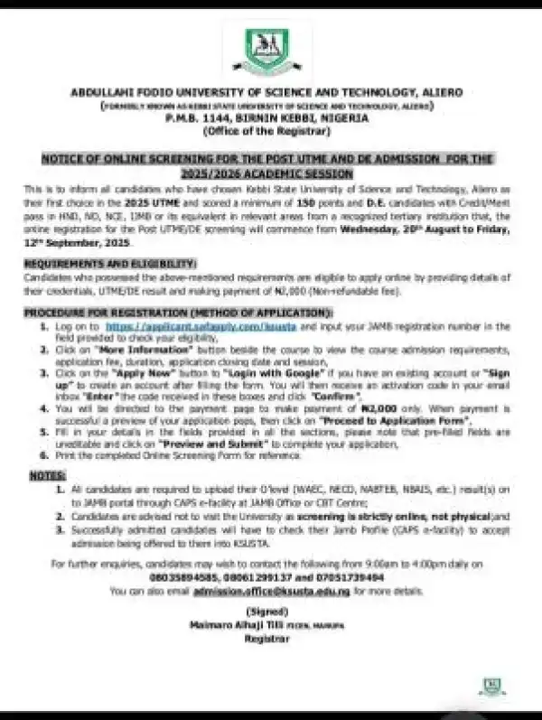 KSUSTA Post-UTME/DE 2025: cut-off mark, eligibility, registration and screening details