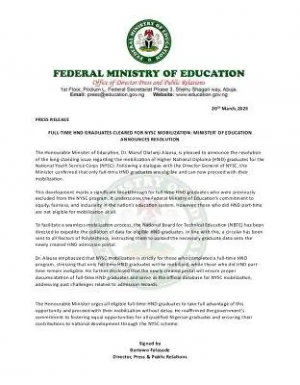 FG resolves issue regarding the mobilization of HND graduates for NYSC