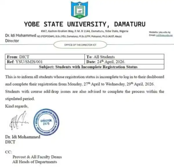 YSU notice to students with Incomplete Registration Status