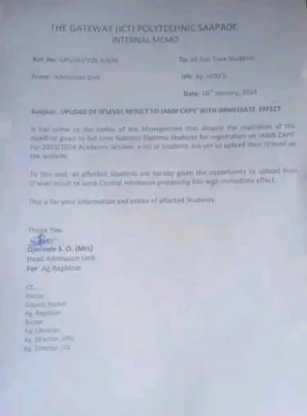 Gateway ICT Polytechnic notice to ND students on upload of O