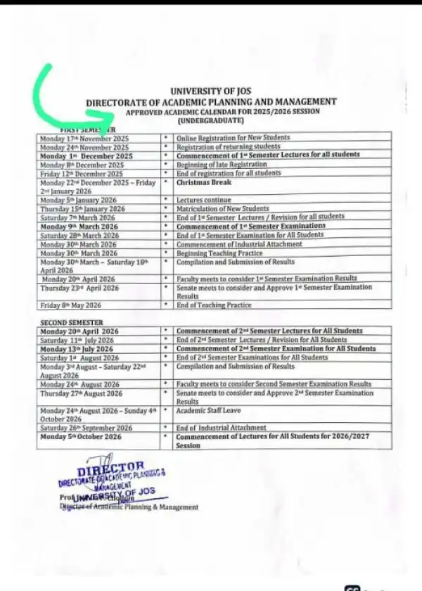UNIJOS approved academic calendar for 2025/2026 session
