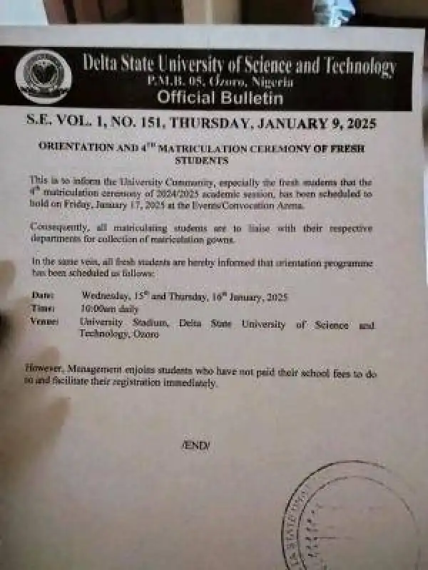 DSUST announces orientation & 4th Matriculation Ceremony