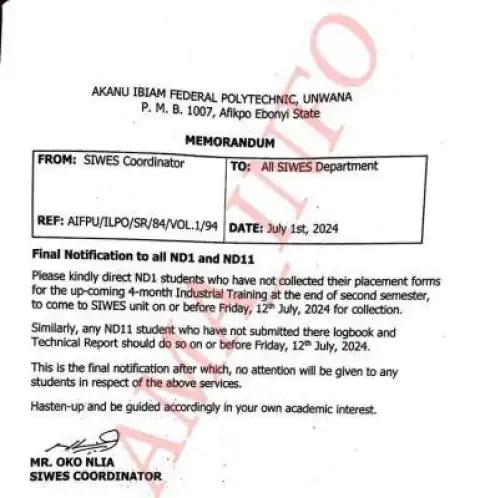 Akanu Ibaim Federal Poly issues important notice to ND I & ND II SIWES students