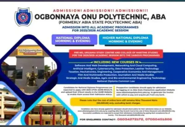 Ogbonnaya Onu Polytechnic, Aba releases ND/HND Admission form, 2025/2026