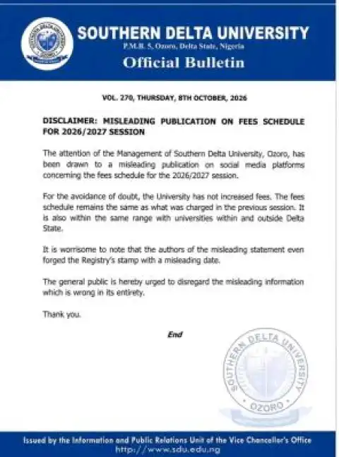 Southern Delta University disclaimer notice on 2026/2027 school fees schedule
