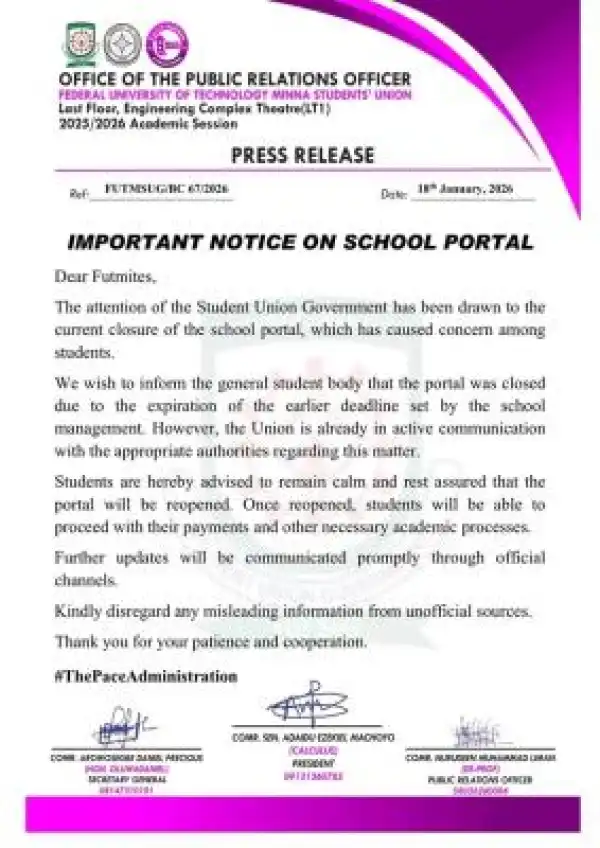 FUTMINNA SUG notice to students regarding the closure of the course registration portal