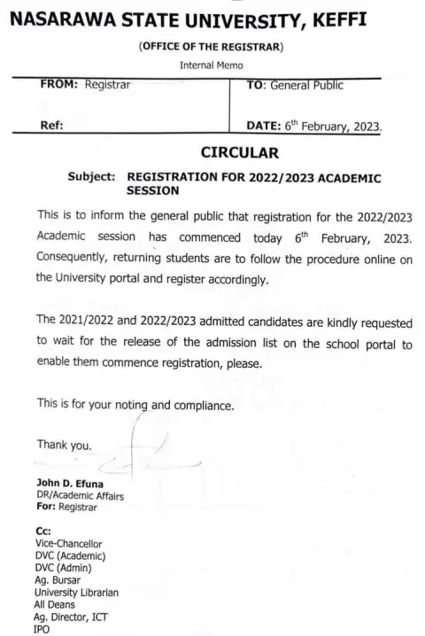 NSUK notice on registration for 2022/2023 session