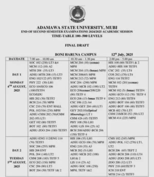 ADSU releases second semester exam timetable, 2024/2025