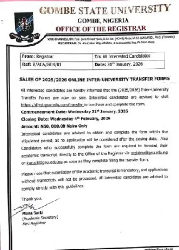 Gombe State University begins sales of online Inter-University transfer forms, 2025/2026