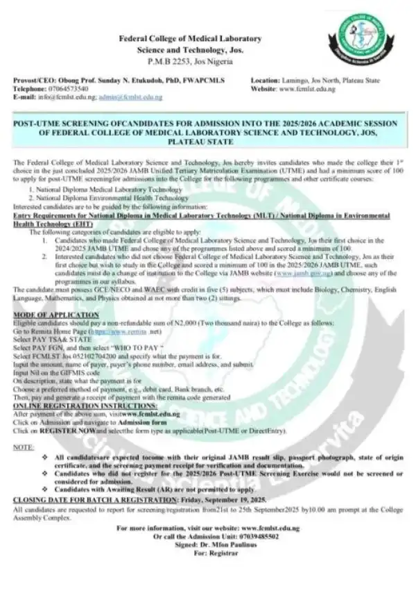 Fed College of MLS & Tech. Jos Post-UTME 2025: Cut-off mark, Eligibility & Registration Details