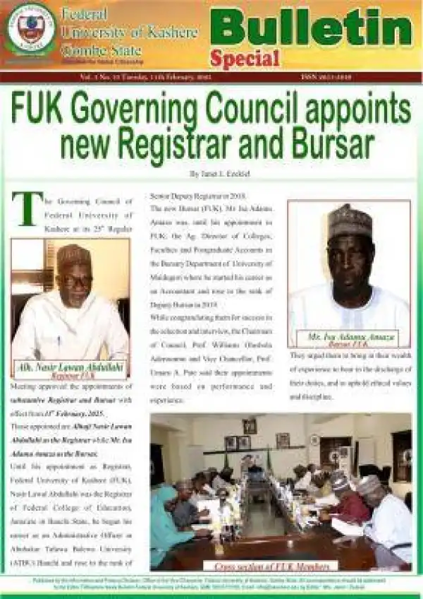 FUK Governing Council appoints new Registrar and Bursar