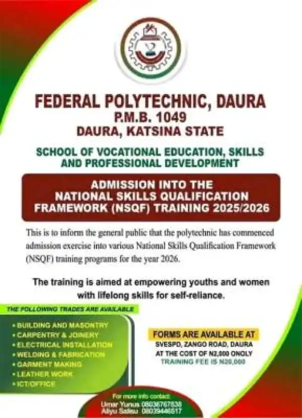 Fed Poly Daura announces admission into its National Skills Qualification Framework (NSQF), 2025/2026