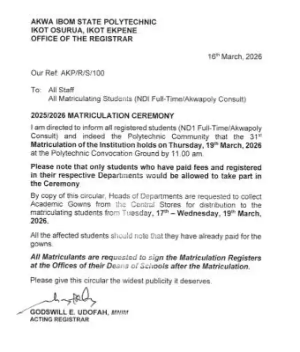 Akwa Poly announces Matriculation Ceremony, 2025/2026