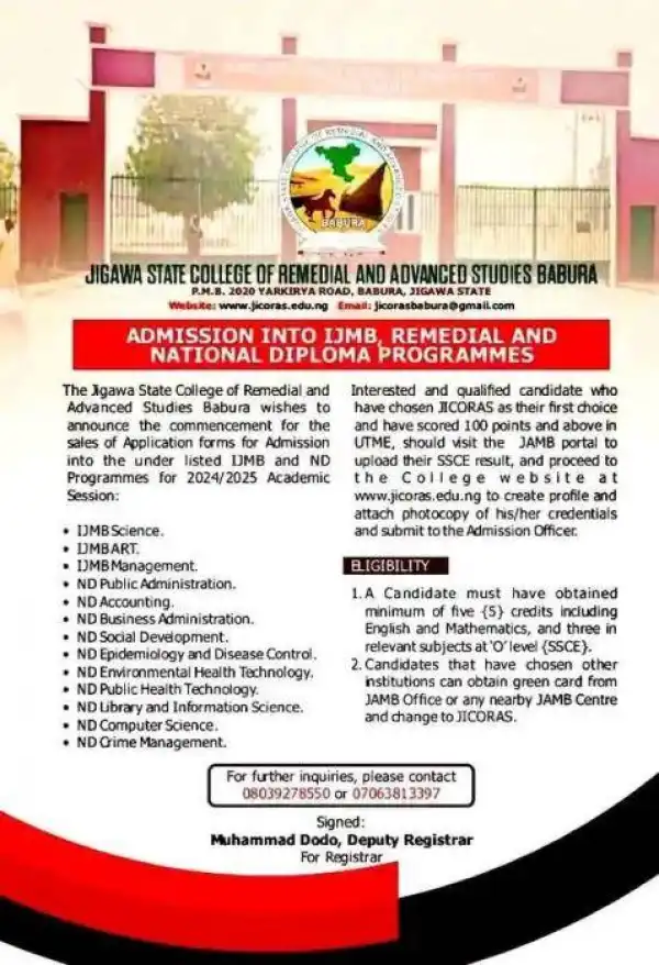 Jigawa State College of Remedial and Advanced Studies IJMB & ND admission, 2024/2025