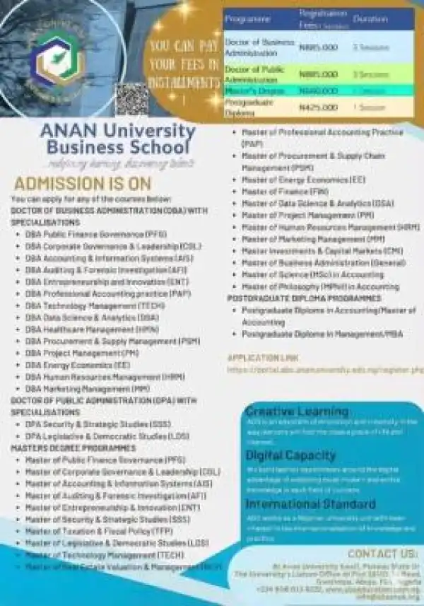 ANAN University Business School announces Admission into Postgraduate Programmes