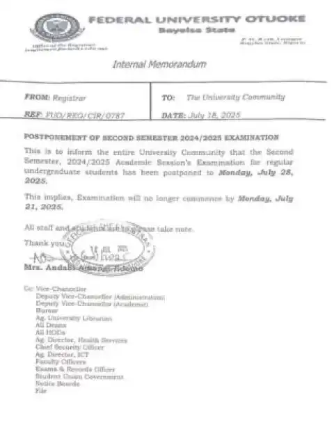 FUOTUOKE reschedules second semester exam, 2024/2025