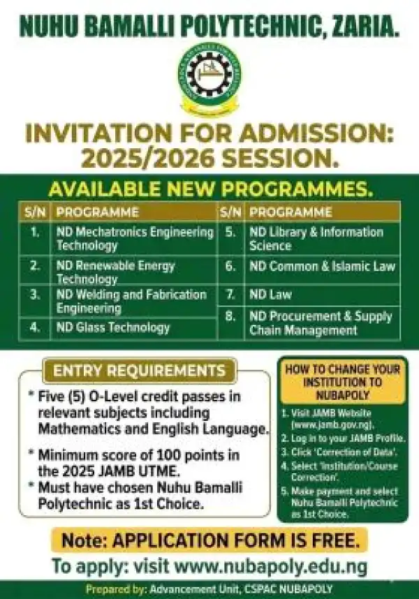 Nuhu Bamalli Polytechnic, Zaria admission into new programmes, 2025/2026 Session