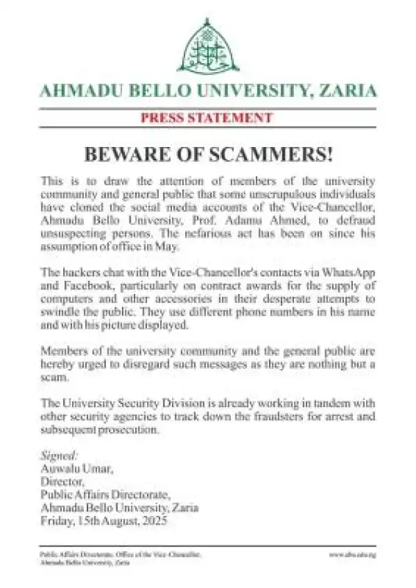 ABU alerts the public on activities of scammers impersonating the Vice Chancellor