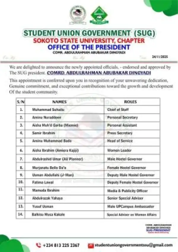 Sokoto State University SUG announces newly appointed officials