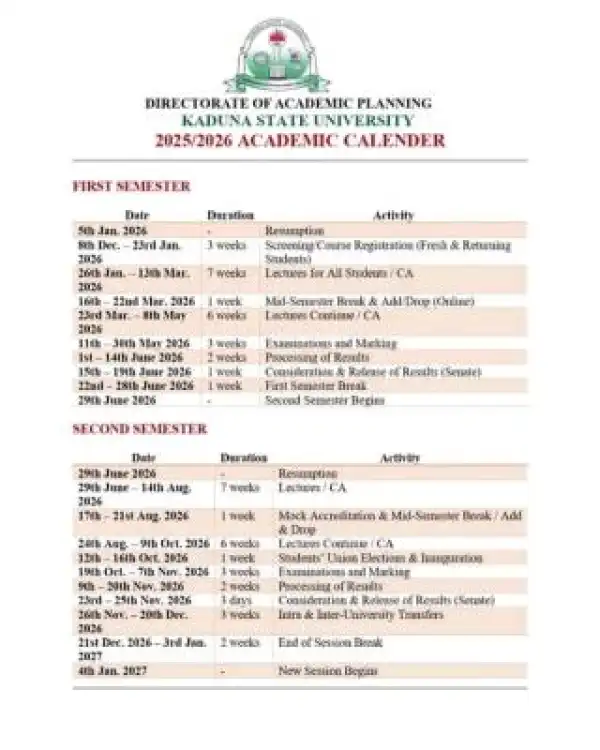 Kaduna State University releases Academic Calendar, 2025/2026
