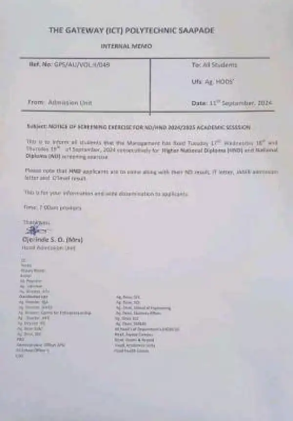 Gateway ICT Poly notice of screening exercise for ND/HND applicants, 2024/2025