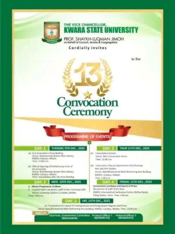 KWASU 13th convocation ceremony programme of events