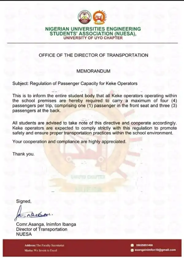 UNIUYO Engineering Students' Association notice on regulation of passenger capacity of Keke Operators