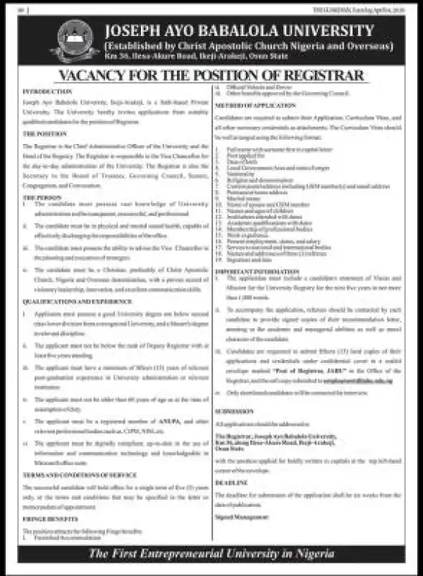 JABU advertises vacancy position for position of Registrar