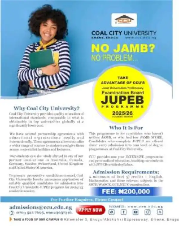 Coal City University JUPEB Admission form, 2025/2026